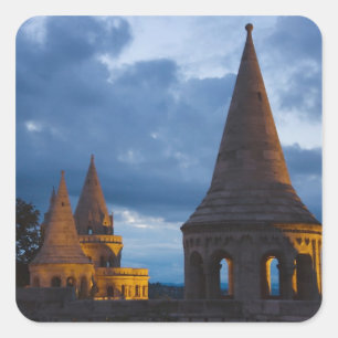 Nachtbeeld van Fisherman's Bastion, Castle Hil Vierkante Sticker