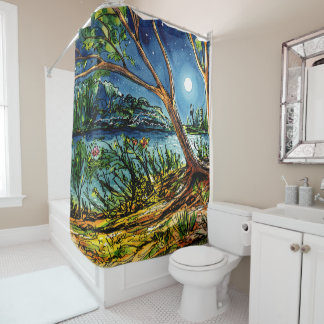 Nachtbos en rivier aquarel gordijn voor de douche