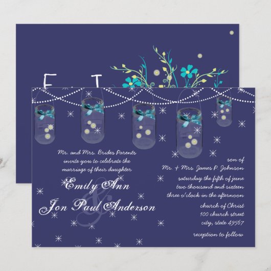 Nachtbruiloft Aqua Yellow Flower Mason Jar Kaart (Voorkant / Achterkant)