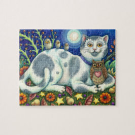 NACHTE OWLS, OWLETS EN PUSSYCAT, FOLK ART CAT LEGPUZZEL