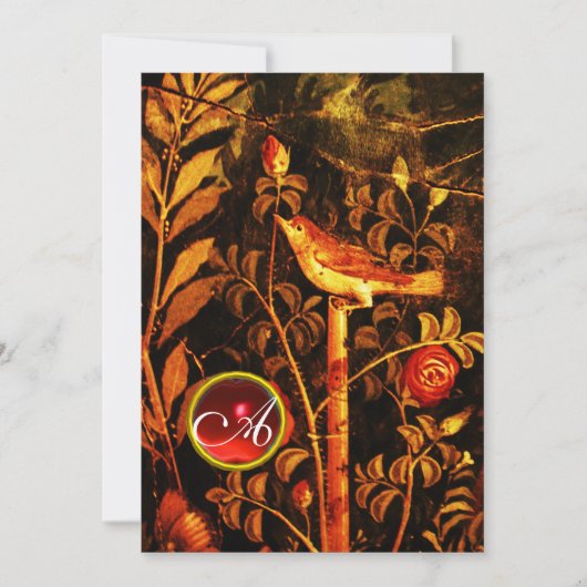 NACHTEGAAL MET ROZEN MONOGRAM, Rood Zwart Geel Kaart (Voorkant)
