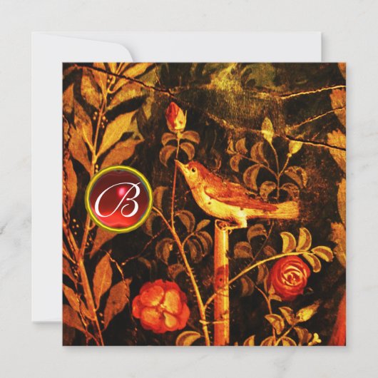 NACHTEGAAL MET ROZEN MONOGRAM, Rood Zwart Goud Kaart (Voorkant)