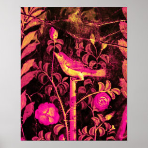 NACHTEGAAL MET ROZEN, Roze Fuchsia Zwart Geel Poster