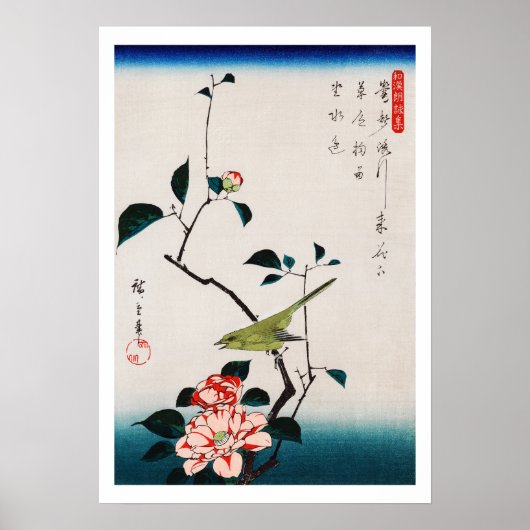 Nachtegaal op Camelliatak, Hiroshige Poster (Voorkant)
