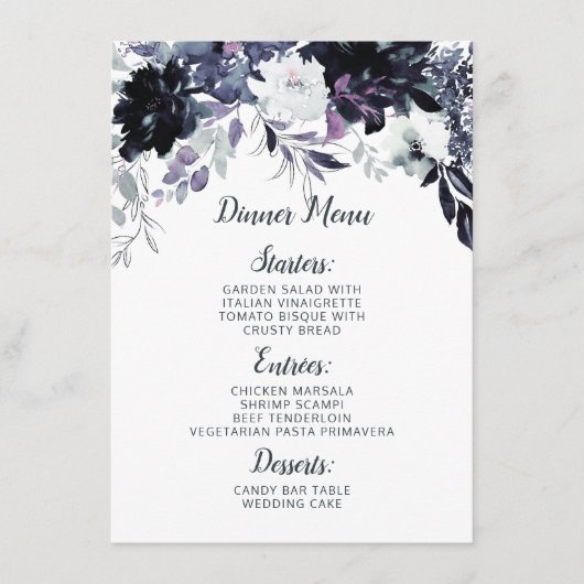 Nachtelijk Bloemen Navy Blauw Chic Waterverf Diner Menu (Voorkant)