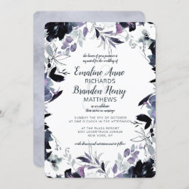 Nachtelijk Bloemen Navy Dusty Blue Border Bruiloft Kaart