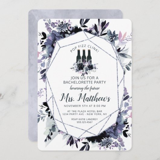 Nachtelijk Bloemen Pop Fizz Clink Bachelorette Par Kaart (Voorkant / Achterkant)