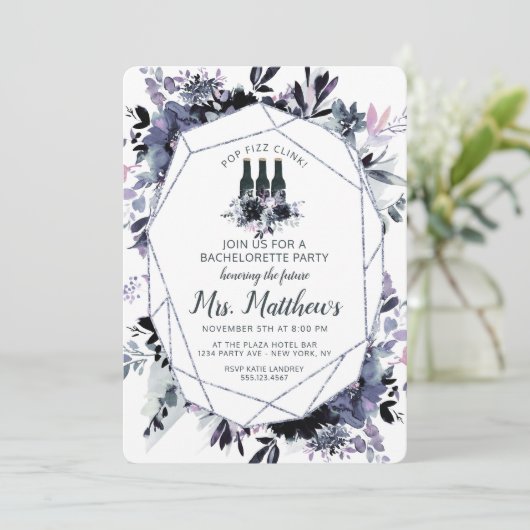 Nachtelijk Bloemen Pop Fizz Clink Bachelorette Par Kaart (Staand voorkant)