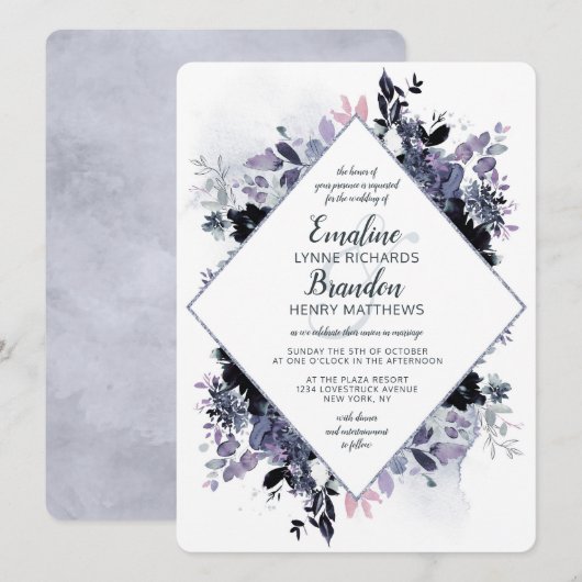 Nachtelijk Bloemen Stoffig Blauw Diamant Lijst Bru Kaart (Voorkant / Achterkant)