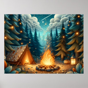 Nachtelijk kamperen in het bos poster