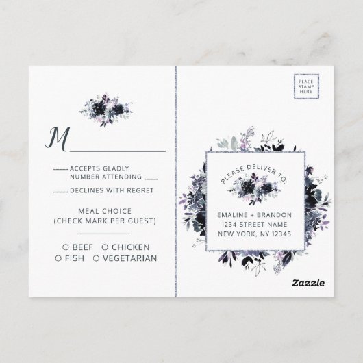 Nachtelijk stoffig blauw bruiloft maaltijd keuze R Briefkaart (Achterkant)