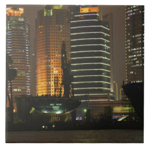 Nachtelijk uitzicht van de hoogtepunten in Pudong Tegeltje