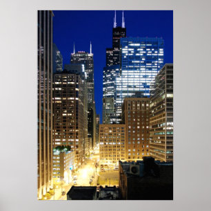 Nachtelijk uitzicht van de stad Chicago Poster