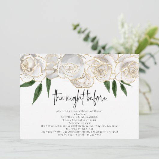 Nachtelijk voor White Florals Script Rehearsal Din Kaart (Staand voorkant)