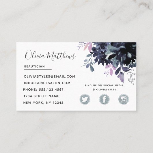 Nachtelijke Bloemen Waterverf Navy Blue Social Visitekaartje (Achterkant)