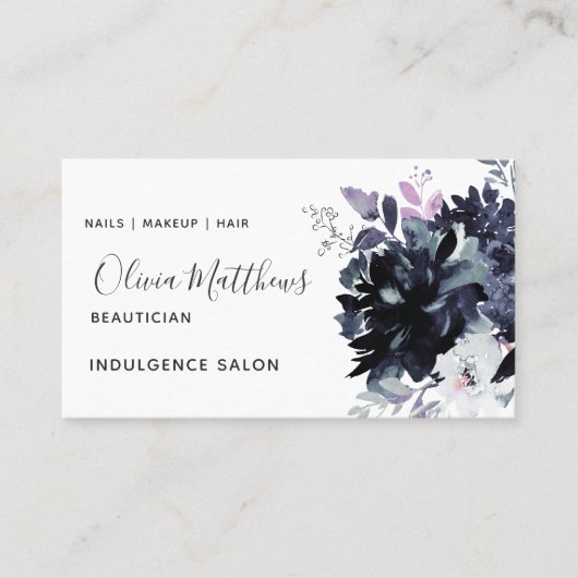 Nachtelijke Bloemen Waterverf Navy Blue Social Visitekaartje (Voorkant)