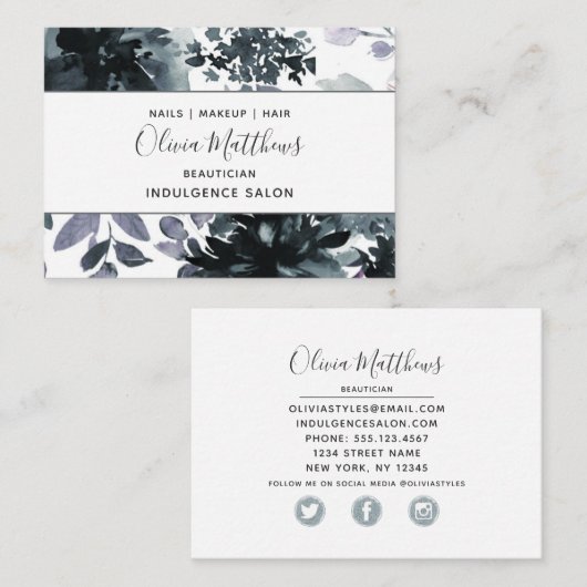 Nachtelijke Bloemen Waterverf Navy Social Media Visitekaartje (Voorkant / Achterkant)