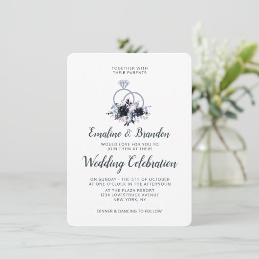 Nachtelijke Bloemen Zilveren Sparkle Ringen Bruilo Kaart (Staand voorkant)