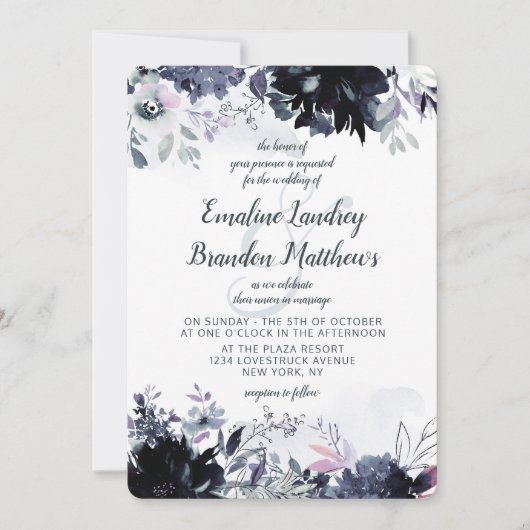 Nachtelijke bloemenbruiloft Waterverf Dusty Blue W Kaart (Voorkant)
