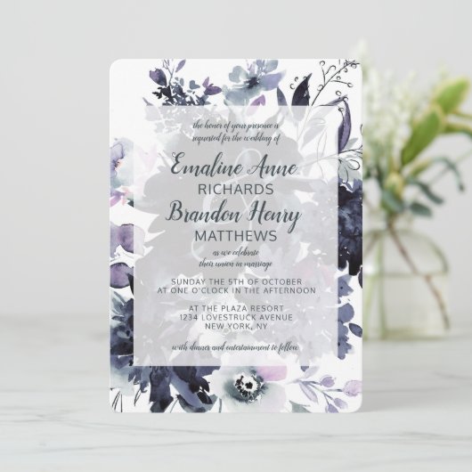 Nachtelijke bloemenbruiloft Waterverf Dusty Blue W Kaart (Staand voorkant)