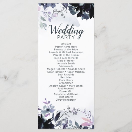 Nachtelijke bloemenmarine Waterverf huwelijkscerem Programmakaart (Achterkant)