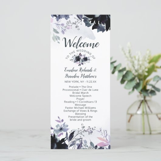 Nachtelijke bloemenmarine Waterverf huwelijkscerem Programmakaart (Staand voorkant)