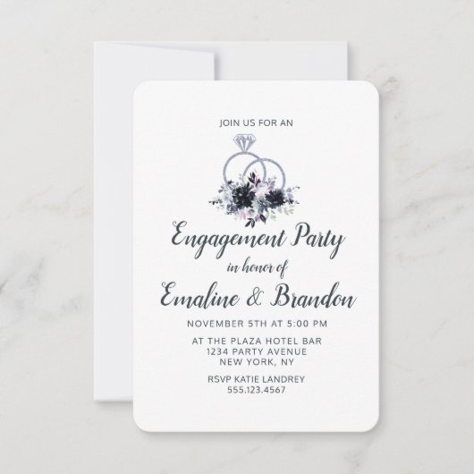 Nachtelijke bloementrouwringen verlovingsfeest kaart (Voorkant)