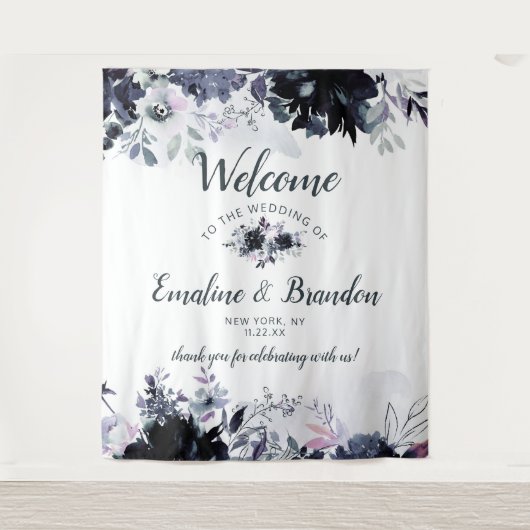 Nachtelijke Bloemrijke Navy Blauwe Chic Trouw Welk Wandkleed (Voorkant)