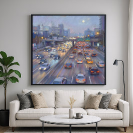 Nachtelijke File - Stadsgezicht in Pastel Schilder Poster