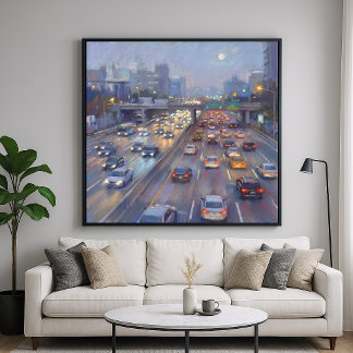 Nachtelijke File - Stadsgezicht in Pastel Schilder Poster