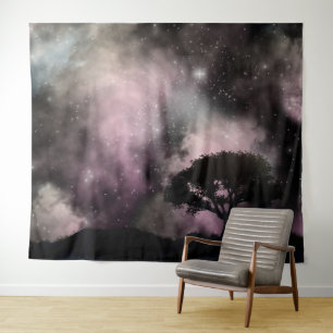 Nachtelijke hemel Bos Boom Silhouet Landschap Wandkleed