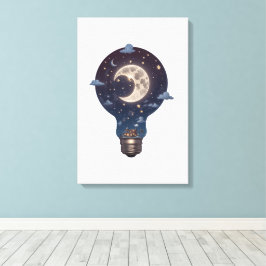 Nachtelijke hemel en huisje in een gloeilamp canvas afdruk