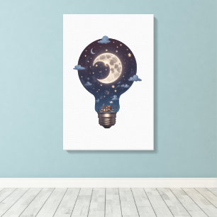 Nachtelijke hemel en huisje in een gloeilamp canvas afdruk