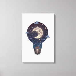 Nachtelijke hemel en huisje in een gloeilamp canvas afdruk