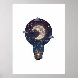 Nachtelijke hemel en huisje in een gloeilamp poster