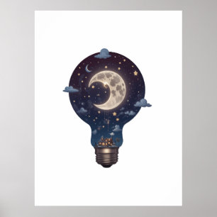 Nachtelijke hemel en huisje in een gloeilamp poster