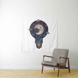 Nachtelijke hemel en huisje in een gloeilamp wandkleed