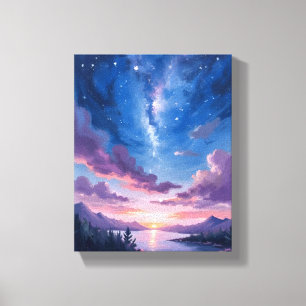 Nachtelijke hemel   Paarse waterverf van sterrenme Canvas Afdruk