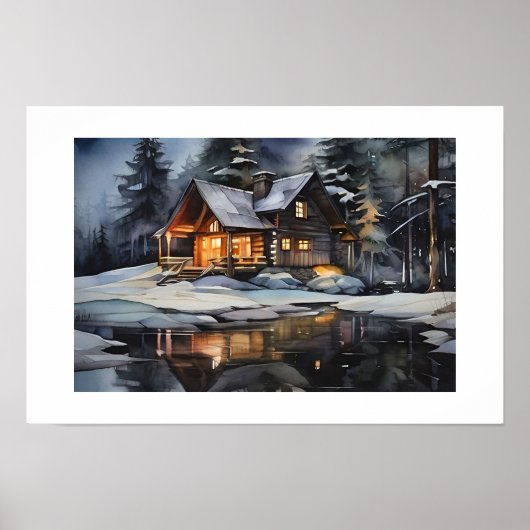 Nachtelijke knusse wintercabin poster (Voorkant)