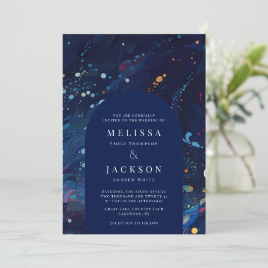 Nachtelijke marinemacht Blauwe Zwirls Wedding Arch Kaart (Staand voorkant)