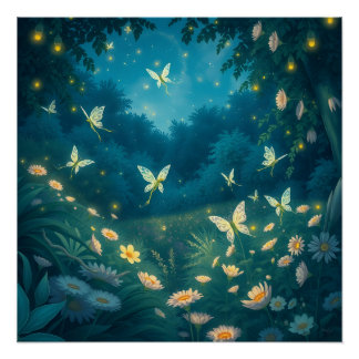 Nachtelijke tuin met bloemen en vuurvliegjes perfect poster