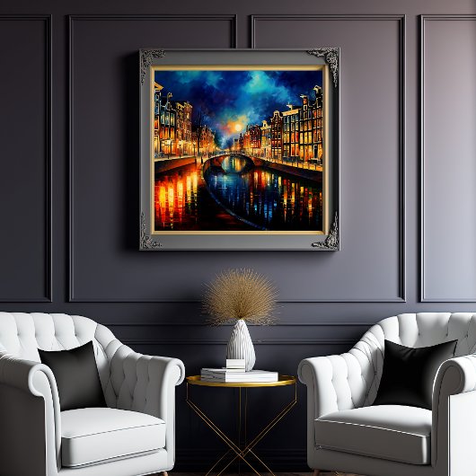 Nachtelijke Verkering: Amsterdamse Moonlit Canals Poster