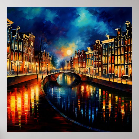 Nachtelijke Verkering: Amsterdamse Moonlit Canals Poster (Voorkant)