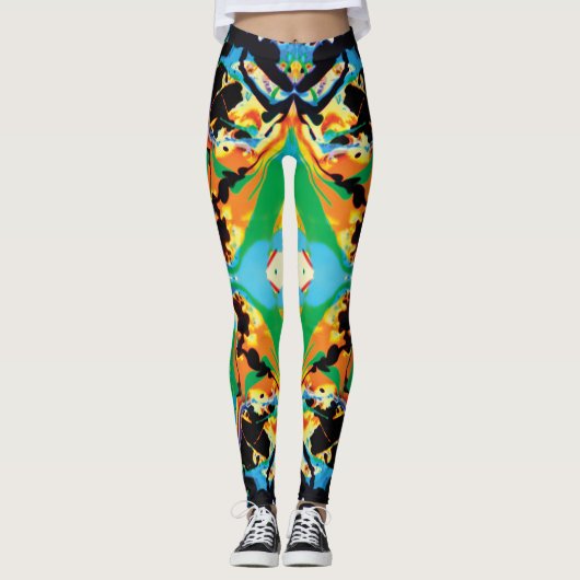 Nachtelijke vlinders geel, blauw, zwarte splatter leggings (Voorkant)