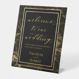 Nachten in graniet en goud, welkom op onze bruilof reclamebord met voetstuk