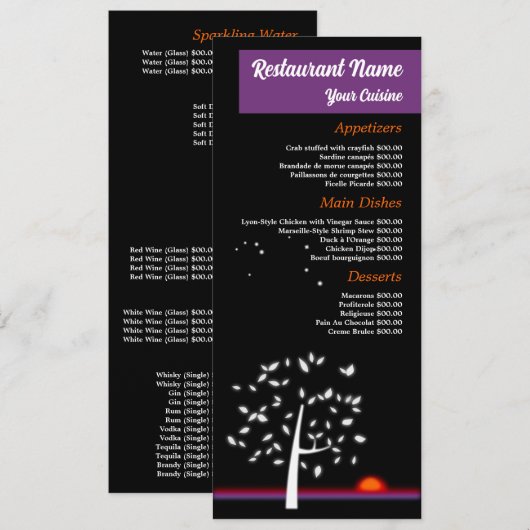 Nachthel Zon, Restaurant Slimline Menu (Voorkant / Achterkant)