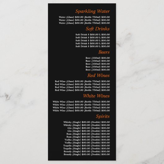 Nachthemel Zon, Restaurant Slimline Menu (Achterkant)