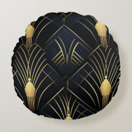 Nachthoek - Goud en Zwart Art Deco Rond Kussen