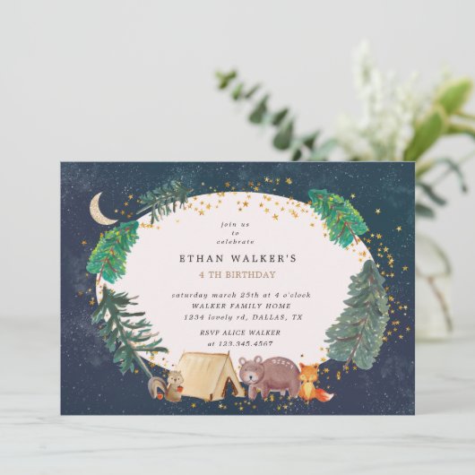 Nachtkamperij beboste vogelsoort Birthday Invitati (Staand voorkant)