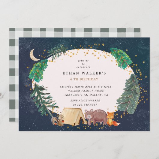 Nachtkamperij beboste vogelsoort Birthday Invitati (Voorkant / Achterkant)